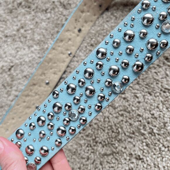 VTG Y2K Baby Blue Studded Rhinestone Leather Belt Wide McBling 1.75” 43”